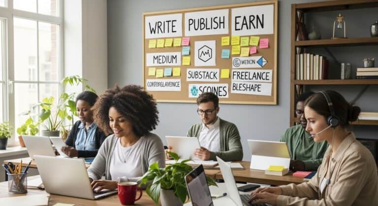 Online writing team. People working on laptops with "Write, Publish, Earn" board.